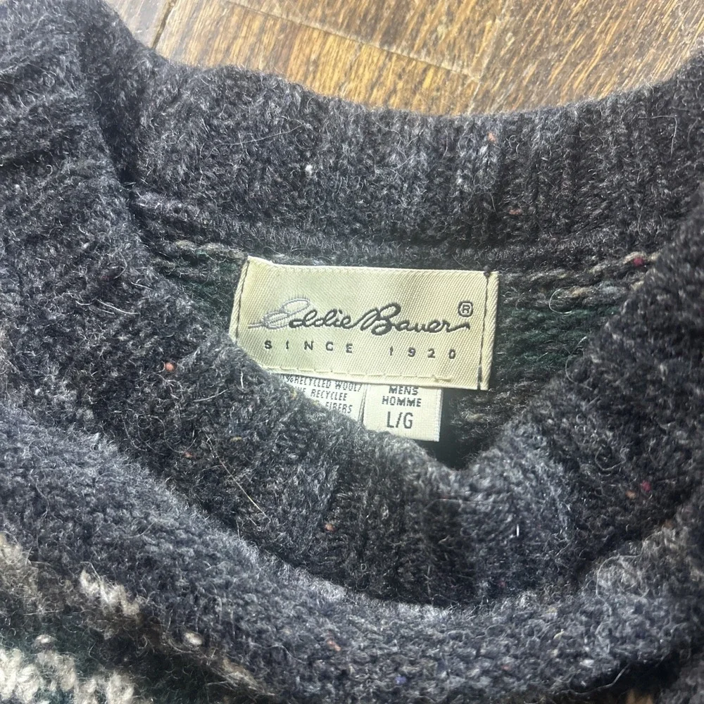 Vintage Eddie Bauer Sweater Mens Large Gray Green‎ Aztec Wool Blend Fair Isle